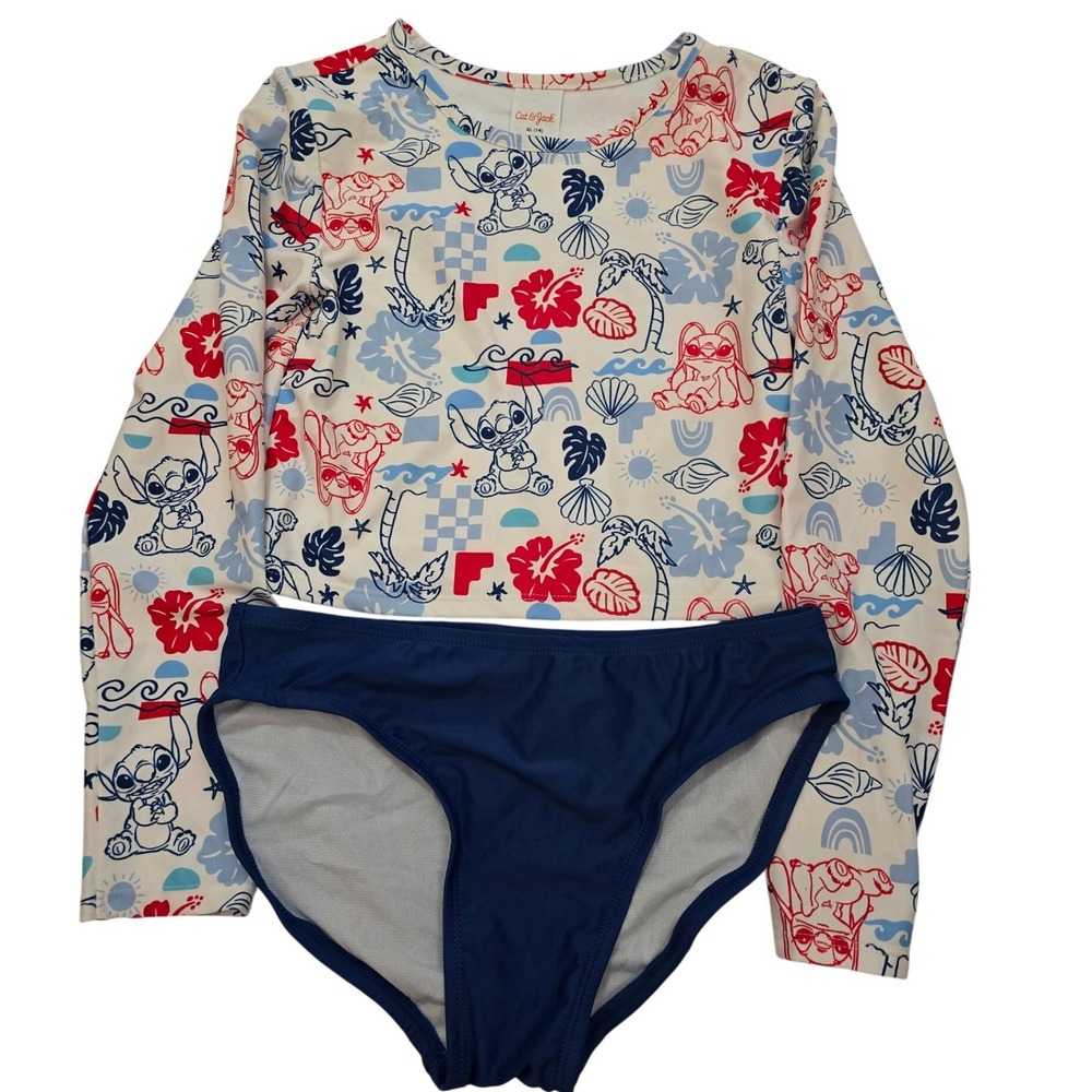 Cat & Jack Disney Lilo & Stitch Girls Rash Guard Swimsuit Set XL 14 NWT Navy